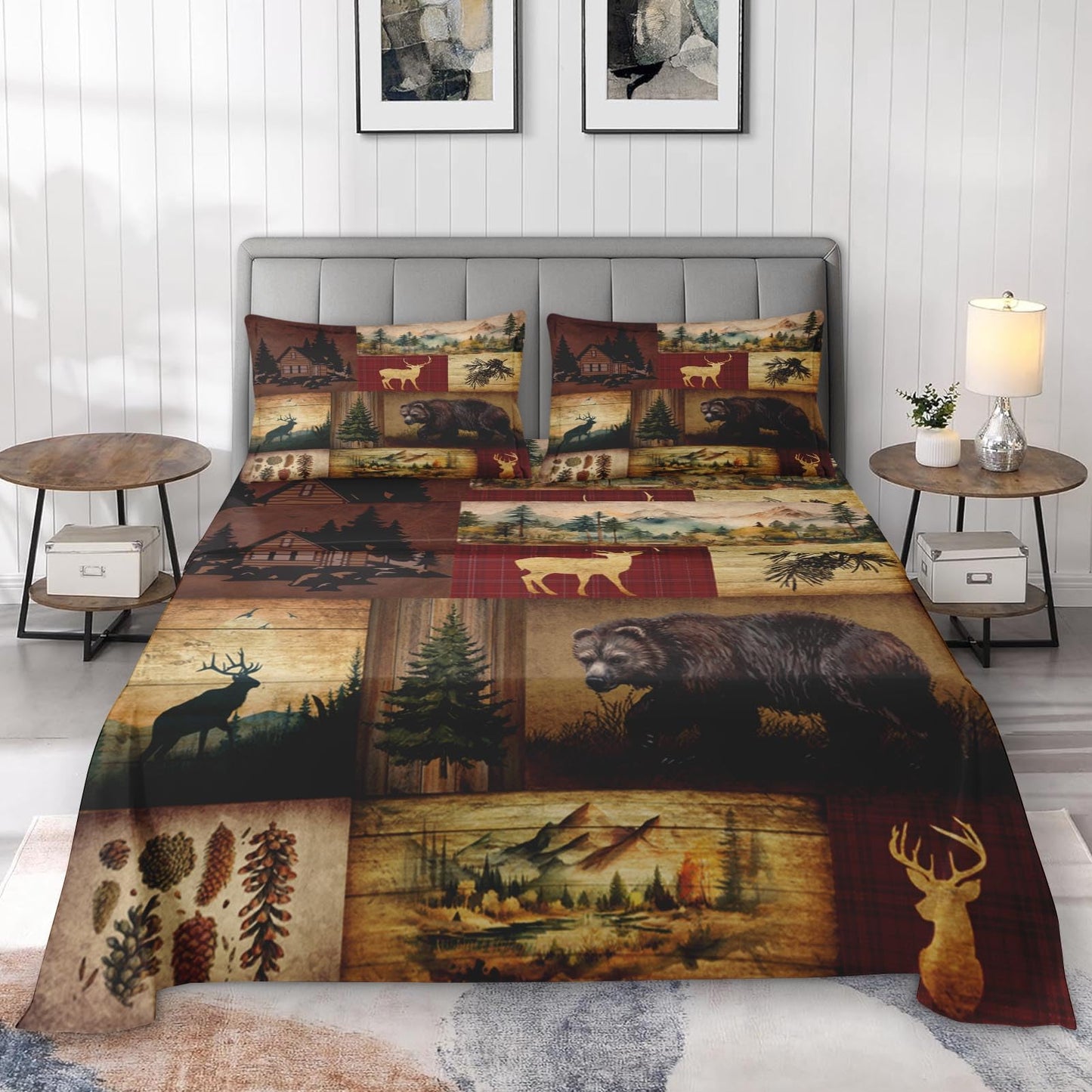 Pamnest Full Size Bed Sheet Sets, Camp Bear Mountain Soft Microfiber 4 Pcs Bedding Sets for Kids and Adults Bedroom Bed Decor, Wildlife Brown Pine Tree Flat, Fitted Sheet and 2 Pillowcases