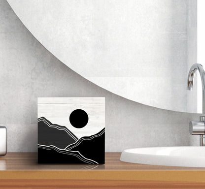 SRADMO Abstract Black and White Boho Sun Mountains Wood Box Sign Desk Decor, Bohemian Nature Landscape Wooden Block Box Sign Decoration for Home Office Shelf Table Decorative Accessories