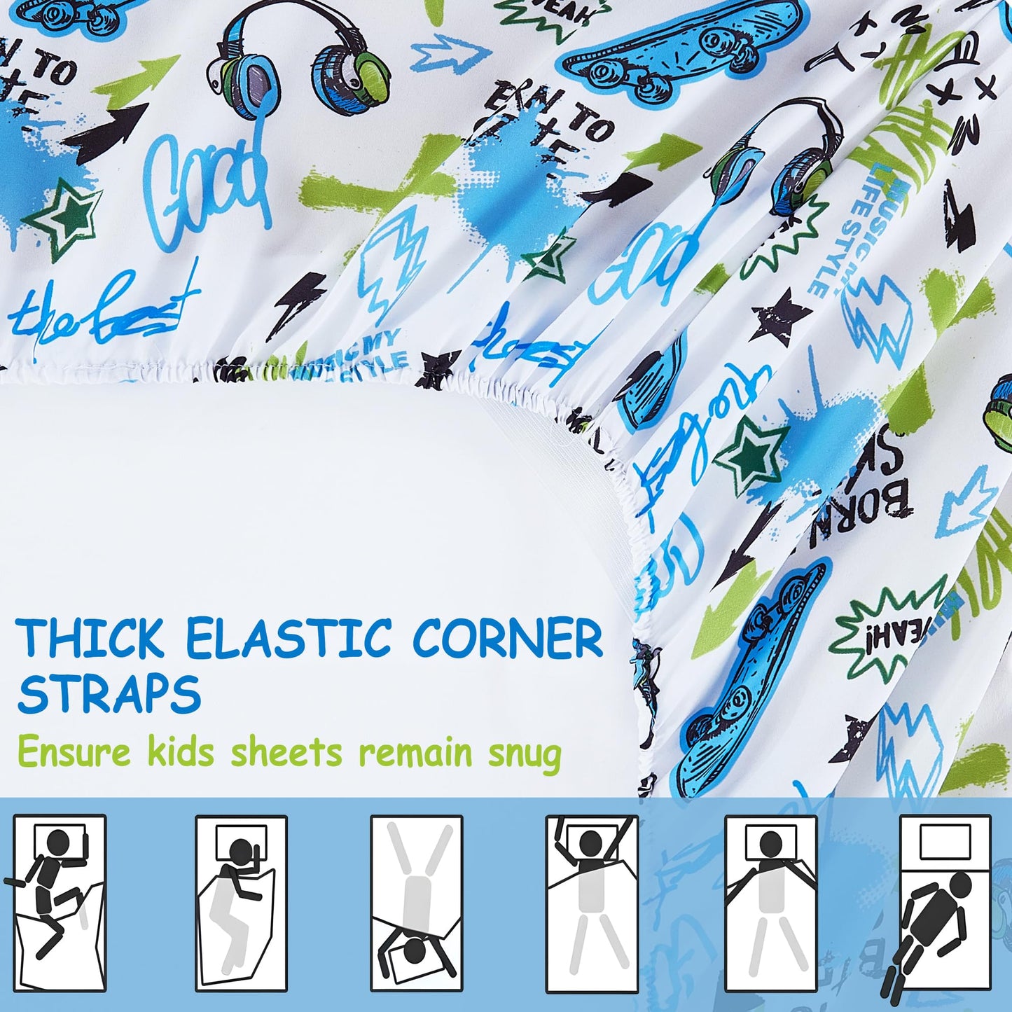Softan Kids Bed Sheet Set, 3-Piece Twin Sheets Set, Microfiber Fitted Sheet with Corner Straps, Breathable & Silky Soft Trendy Skateboard Graffiti Printed Sheet and Pillowcase Sets
