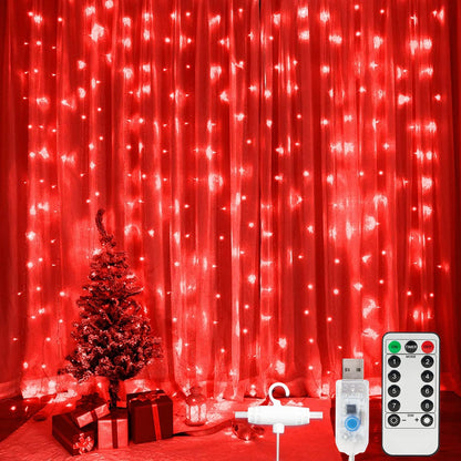SUNNEST LED Curtain Lights Christmas, 300 LEDs 9.8FT x 9.8FT USB Curtain String Light with 8 Lighting Modes Wall Lights with Remote Control, Twinkle Light for Bedroom Decoration (Red)