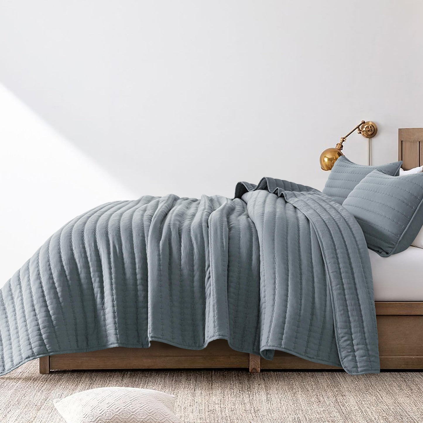 ROARINGWILD Blue King Size Quilt Bedding Sets with 2 Pillow Shams, Lightweight Soft Bedspread Coverlet, Quilted Blanket Thin Comforter Bed Cover for All Season, 3 Pieces, 104x90 inches