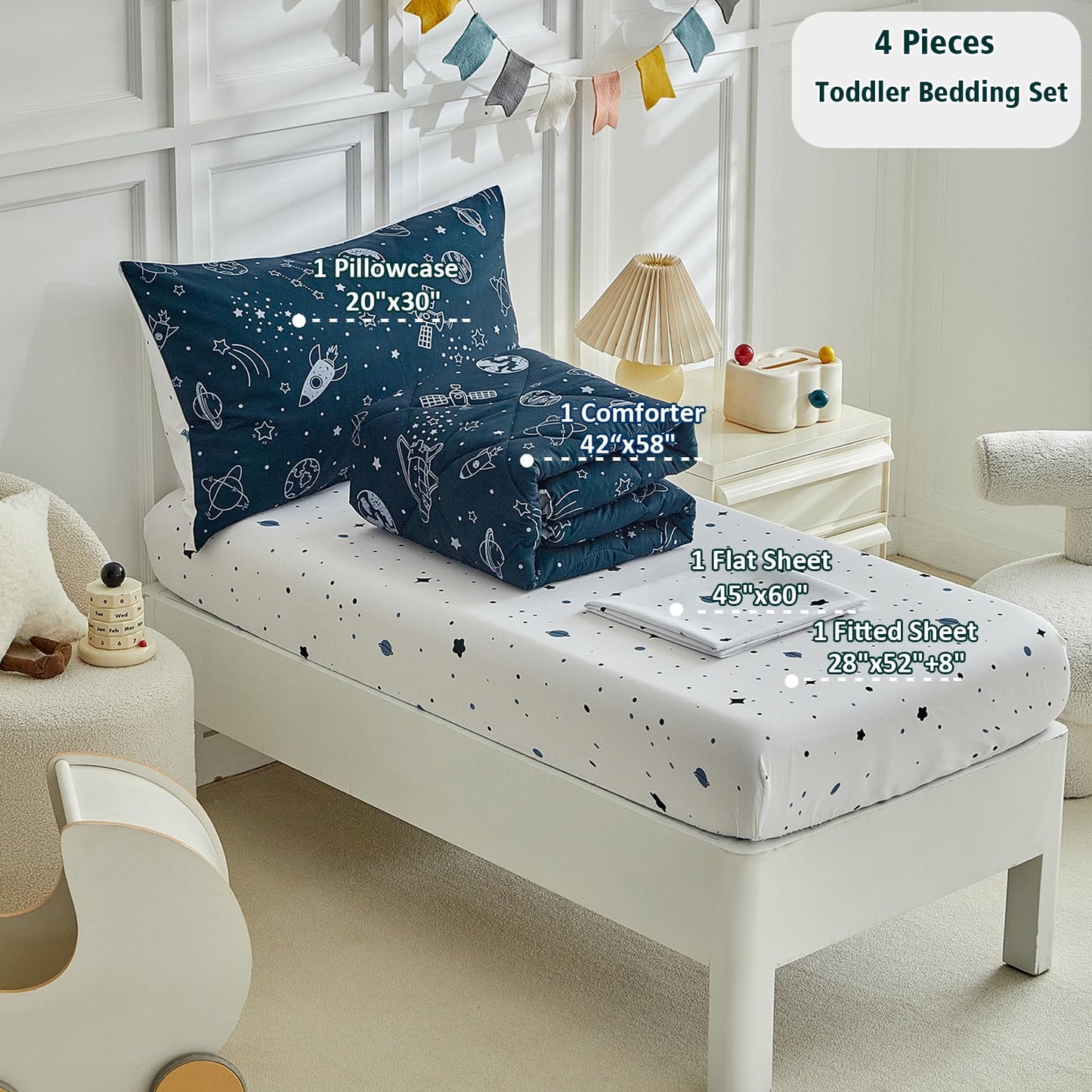 4 Pieces Toddler Bedding Set for Boy,Space Toddler Bed Comforter Set,Soft and Breathable Microfiber Crib Sheet Set,Includes Quilted Comforter, Flat Top Sheet, Fitted Sheet, Envelope Pillow Case -Blue