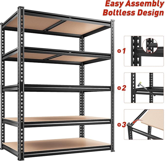 REIBII 2400LBS Storage Shelves 5 Tier Garage Shelving Heavy Duty, Adjustable Metal Shelving, Garage Shelves for Basement, Warehouse, Pantry, Closet, Kitchen 72" H x 35.55" W x 16" D, Black, 3 Pack