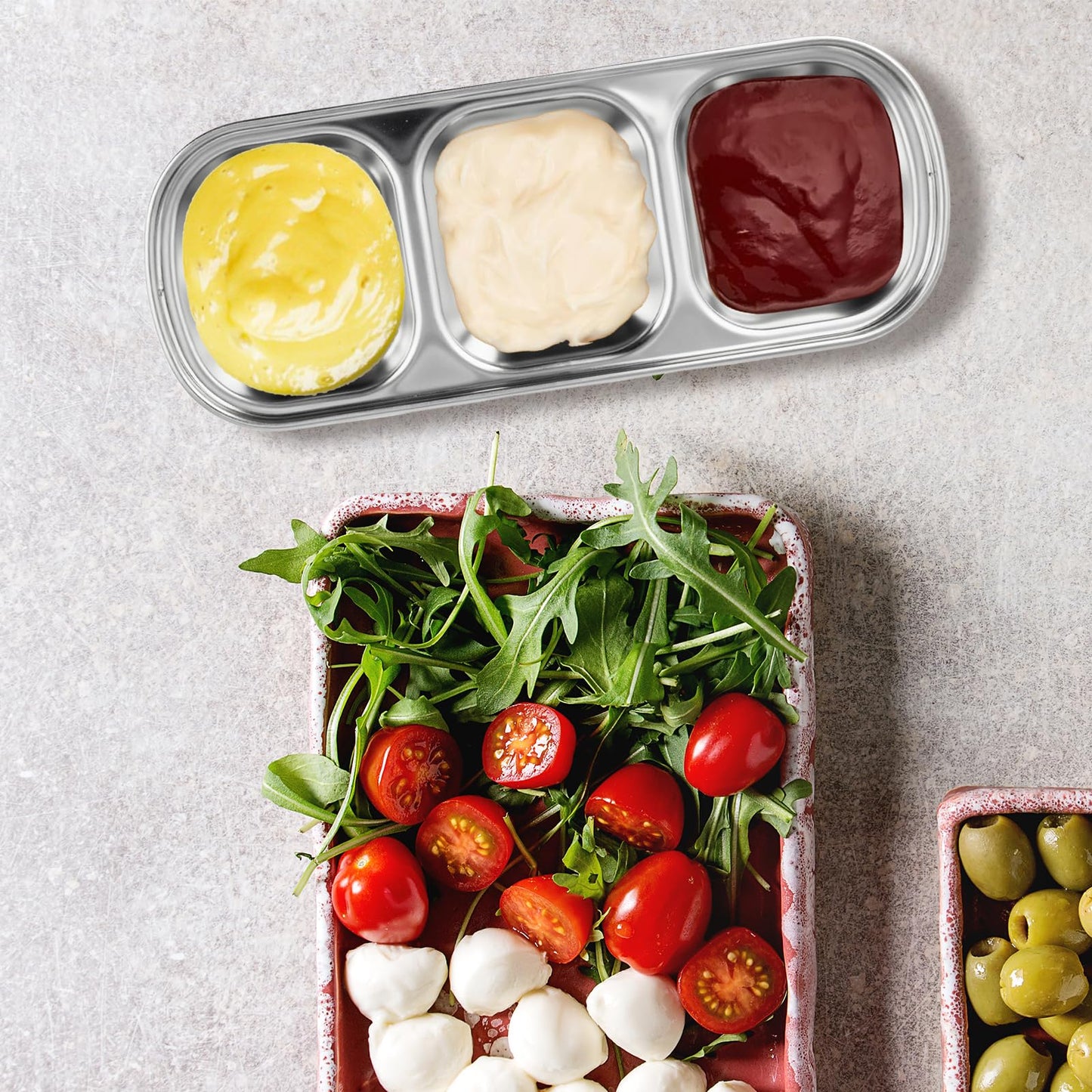UCEHIPAW 24 Pcs Soy Sauce Dish Stainless Steel Korean 3 Compartment Dip Sauce Bowls Home Tray Divided Seasoning Dipping Condiment Plate for Restaurant Spice Salt Sugar Vinegar BBQ (Silver)