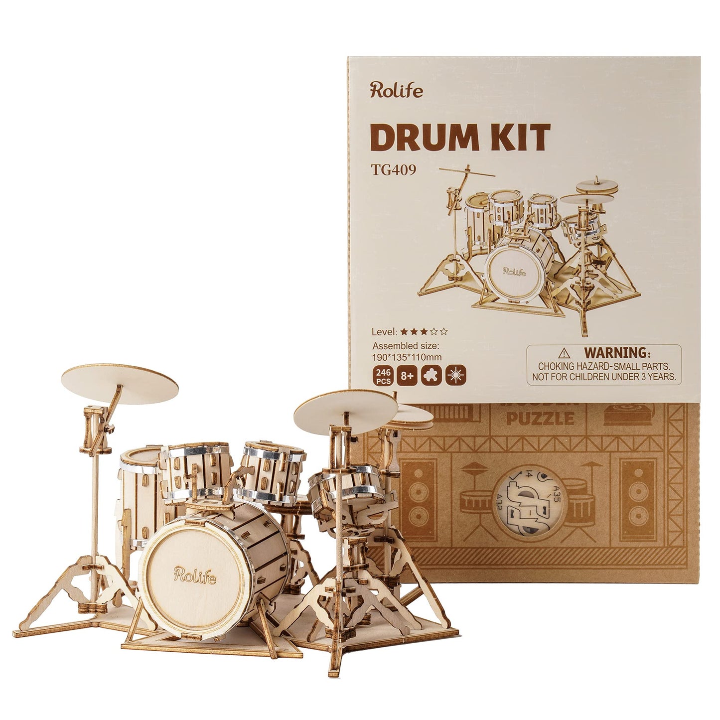 Rolife 3D Wooden Puzzles Drum kit Craft Model Kits for Adults to Build Musical Instruments Birthday Gift for Family and Friends 246 Pieces, Drum kit