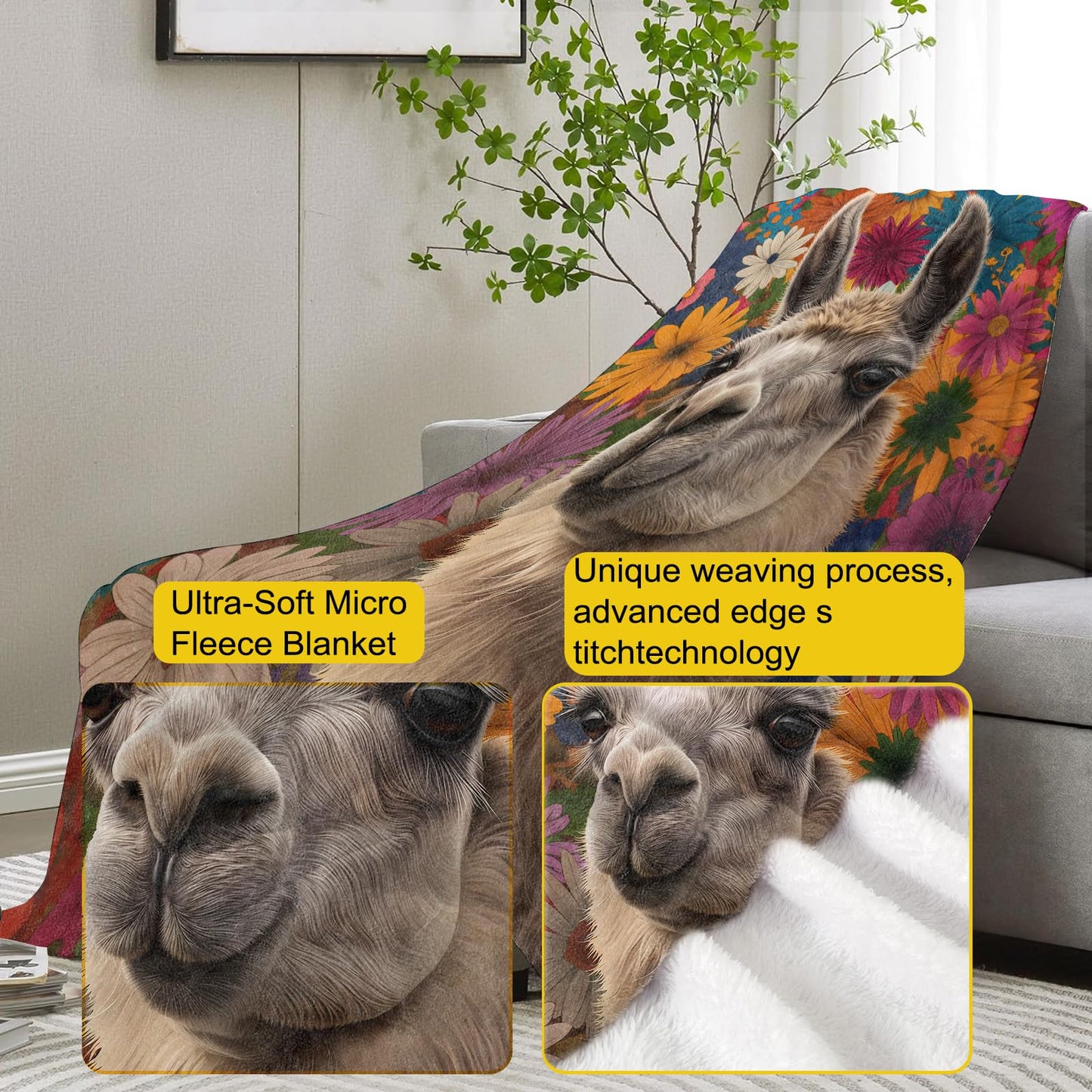 VANZEV Floral Llama Throw Blanket Gifts for Women, Boho Style Blankets for Living Room Home Decor, Cozy Flannel Llama Animal Plush Throws 50"x60"