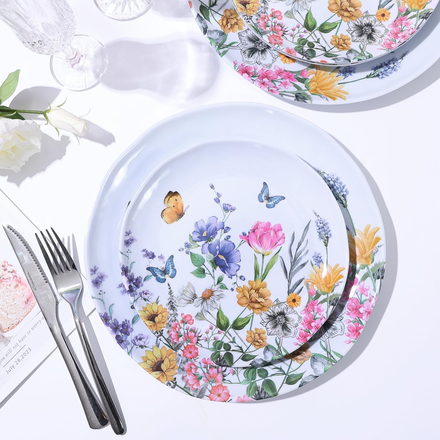 Lechoo 12 Piece Melamine Dinnerware Sets - Plates And Bowls Sets Floral Dinnerware Sets- Spring Camping Dishs Indoor Outdoor Use,Flowers And Butterflies Pattern