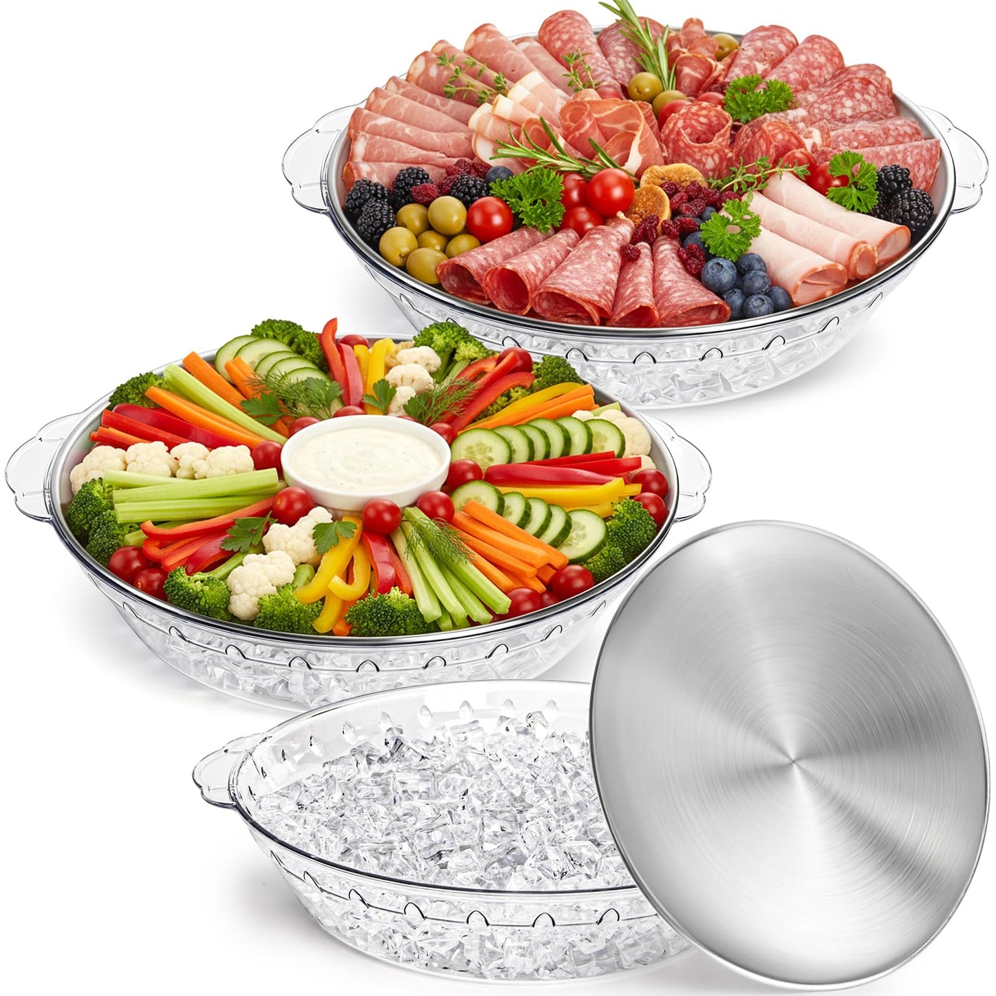 DEAYOU 3 Set 11.8" Chilled Serving Tray for Parties, Round Shrimp Cocktail Serving Dish with Ice Compartment, Ice Serving Bowl Cold Platter for Appetizer, Fruit, Veggie, Salad, Buffet, Keep Food Cold