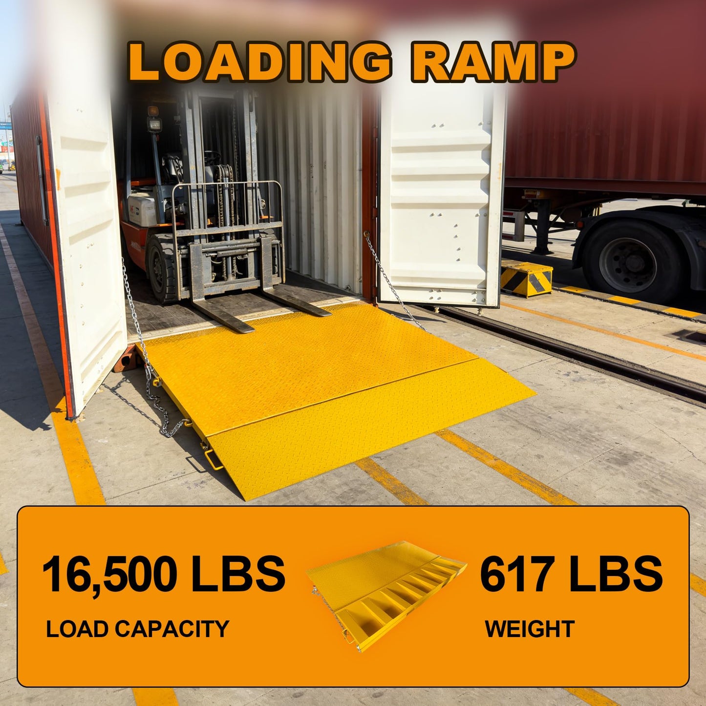 Heavy Duty Shipping Container Ramp 16,000 lbs Capacity, Forklift Compatible Steel Loading Ramp with Fold-Down Loop Flips, Safety Chain & Pin, Spray Paint Coated for Warehouse Dock Truck