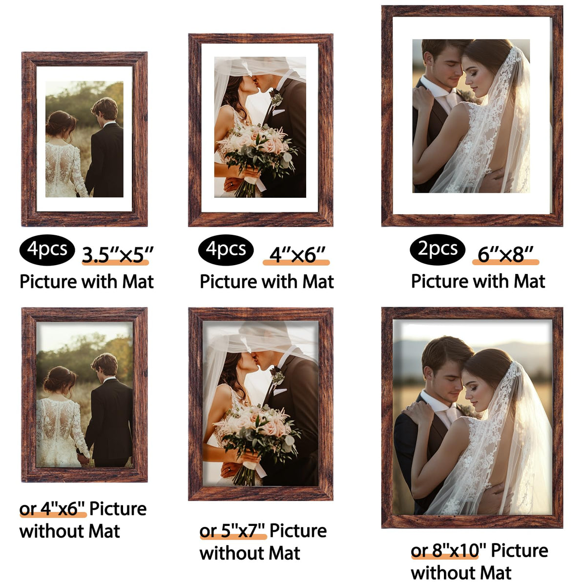 Fixwal Picture Frames, 10 Pack Wooden Collage Picture Frame Set for Wall Gallery Decor, Hanging or Tabletop Display Multi Sizes Photo Frames Including 8x10, 5x7, 4x6, Brown