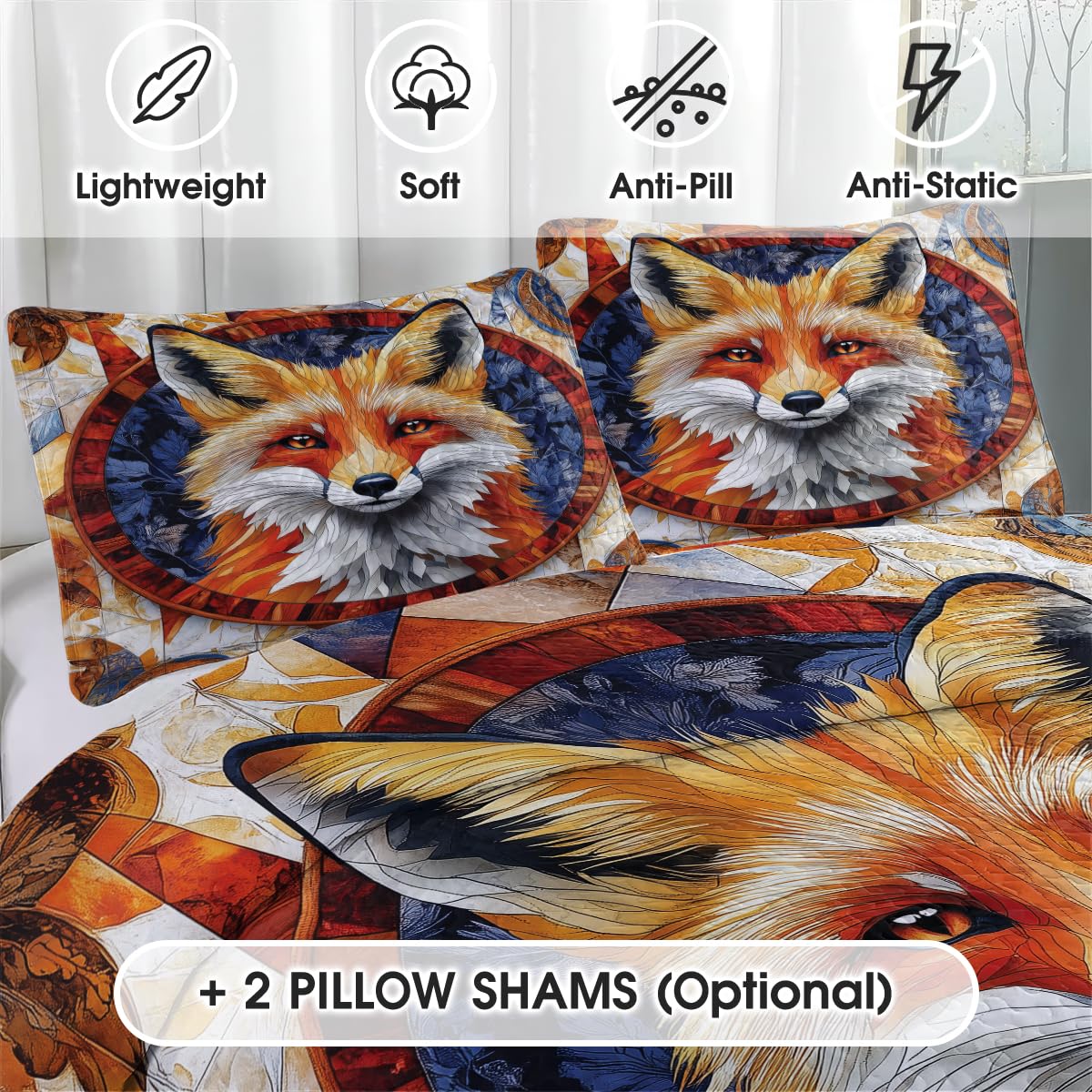 Jeminise Fox Patchwork Pattern Quilt Set, Animal Quilt Set Patchwork Style, Premium Quilt Pattern Bedspread for Mom Daughter, Fox Bedding Quilt (Full/Throw/Queen/King/Twin Size)