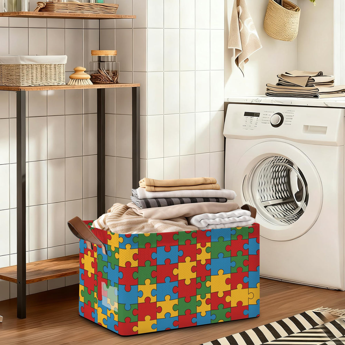 Oeaskly Storage Bins with Handles, Oxford Cloth Storage Basket with Sturdy Frame, Jigsaw Collapsible Organizer for Closet, Shelf, Clothes, Towels, Home Storage