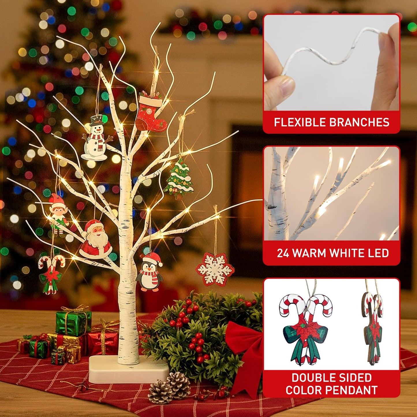 EAMBRITE Lighted Birch Tree with Christmas Ornaments, 2 Pack Small Christmas Trees with Led Lights, White Twinkling Tree Decorations Tabletop Centerpieces for Home Table Bedroom Indoor Decor (22inch)