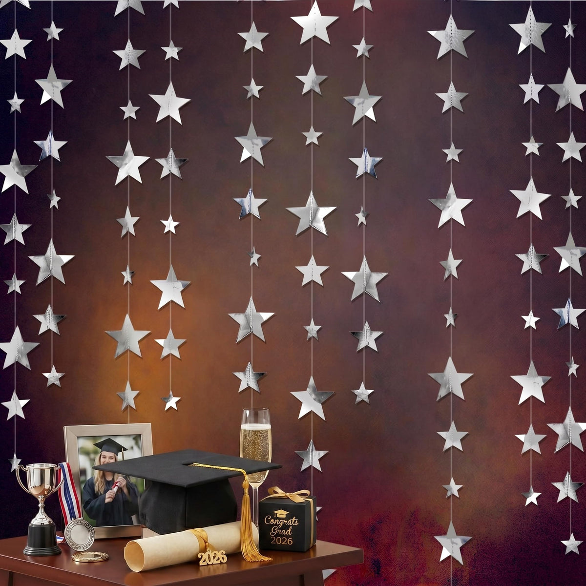 Cheerland 156ft Silver Star Garland Star Party Decorations Hanging Stars Prom Decoration 2026 Graduation Decor Paper Stars Streamer Banner Backdrop Shiny Starry Night Twillight Birthday Party Supplies