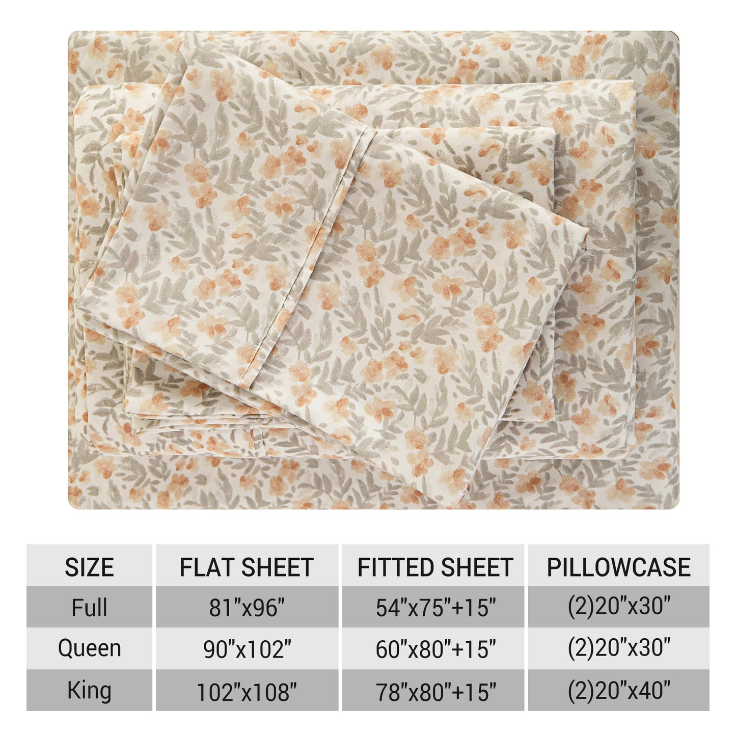 Viviland Floral Twin Sheet Set - 3 Piece Vintage Light Orange Flower Patterned Bed Sheets - Soft, Breathable Microfiber Sheets with Deep Pocket, Non-Slip Fitted Sheets & Pillowcases
