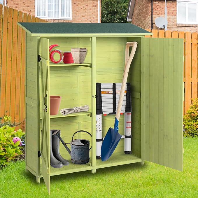 Outvita Outdoor Storage Cabinet with Waterproof Roof, Double Lockable Doors Garden Shed with 2 Removable Shelves, Wooden Storage Shed with Large Storage Space for Yard Garge Patio Deck Porch（Green）