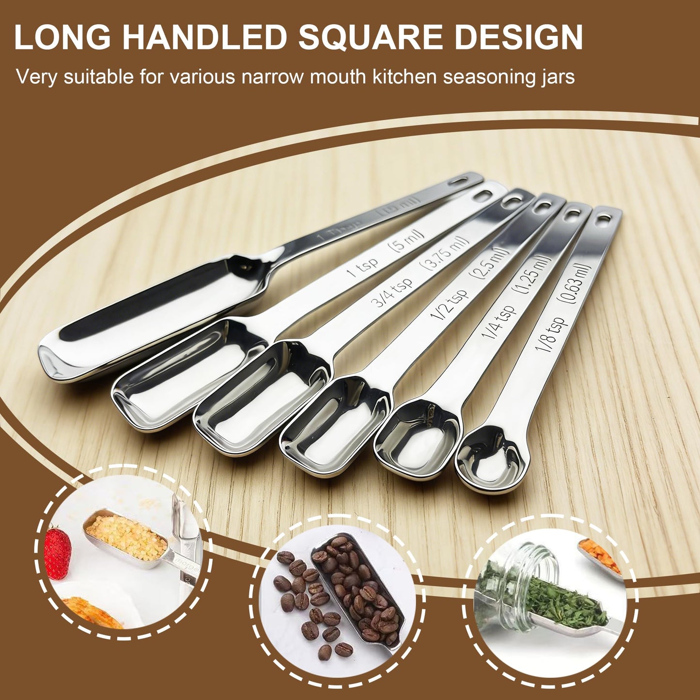 WAHMLA Stainless Steel Measuring Spoons Set of 7 with Leveler, Long Handle Rectangular Metal Teaspoon Tablespoon for Measuring Kitchen Spice, Dry & Liquid Ingredients