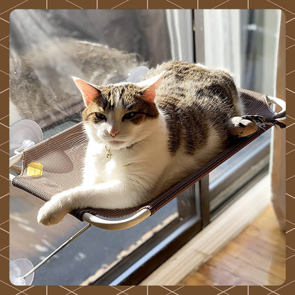 LSAIFATER All Around 360° Sunbath and Lower Support Safety Iron Cat Window Perch, Cat Hammock Window Seat for Any Cats (L, Brown)