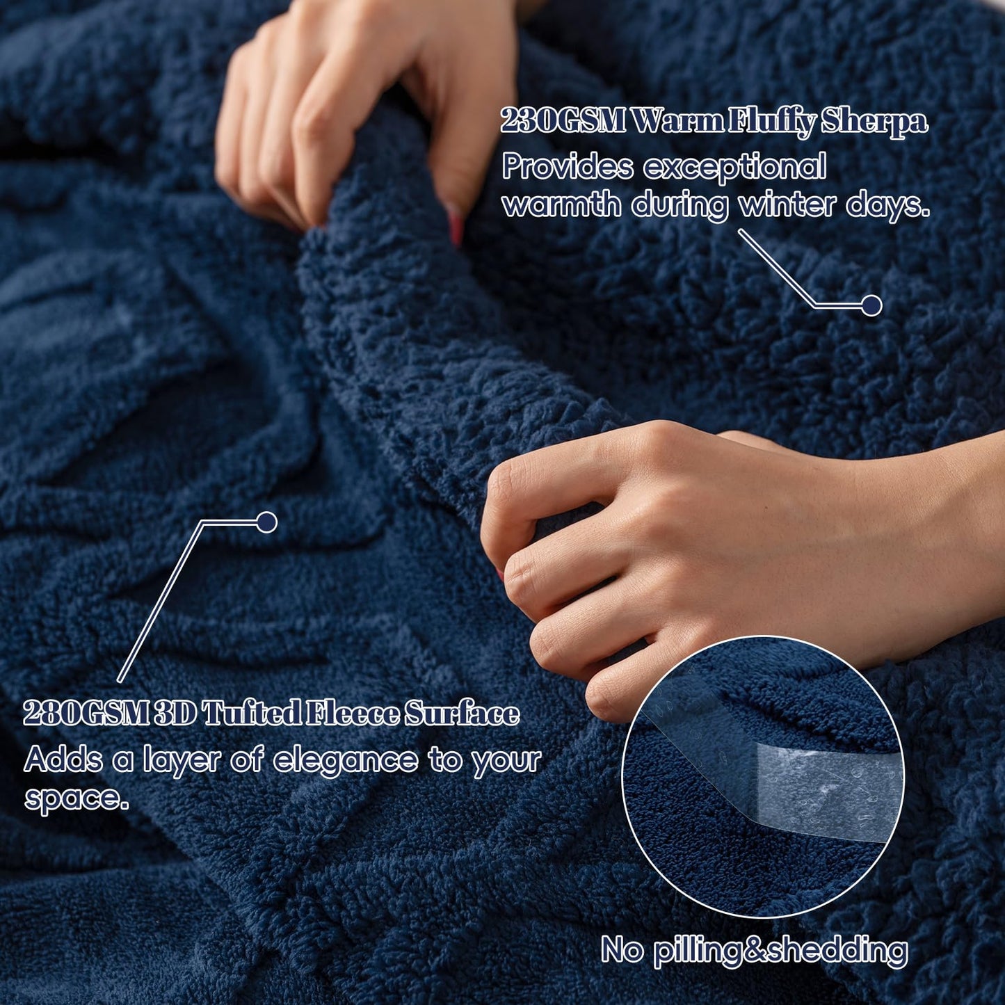 PHF Fluffy Sherpa Fleece Blanket Queen Size for Winter, Warm and Cozy, 510GSM 3D Tufted Shaggy Fleece Blanket for Sofa Bed, Navy Blue, 90"x90"