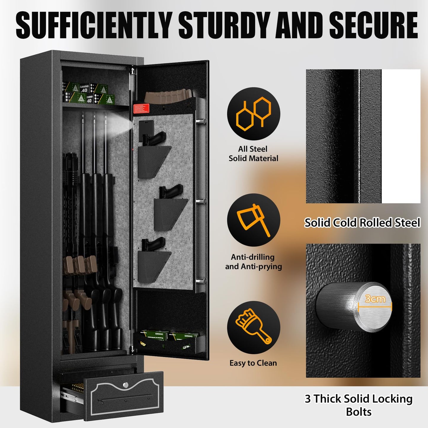 Zevemomo 8 Gun Safes, Rifle Safe Long Gun Safe for Home, Quick & Easy Access Gun Cabinets for Home Rifle and Pistols with LED Light & Drawer, Electronic Lock