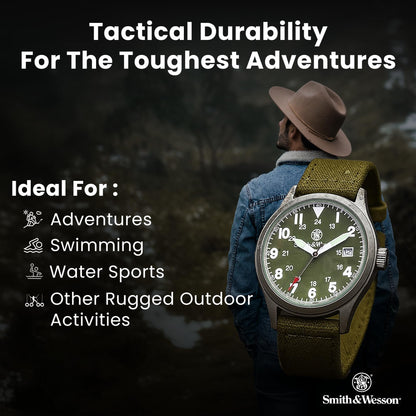 Smith & Wesson Men's Military Watch, 3 Interchangeable Canvas Straps, 3 ATM Water Resistant, Date Display, Scratch Resistant Glass, Military Style Watch for Outdoor Activities, Swimming, 40 mm