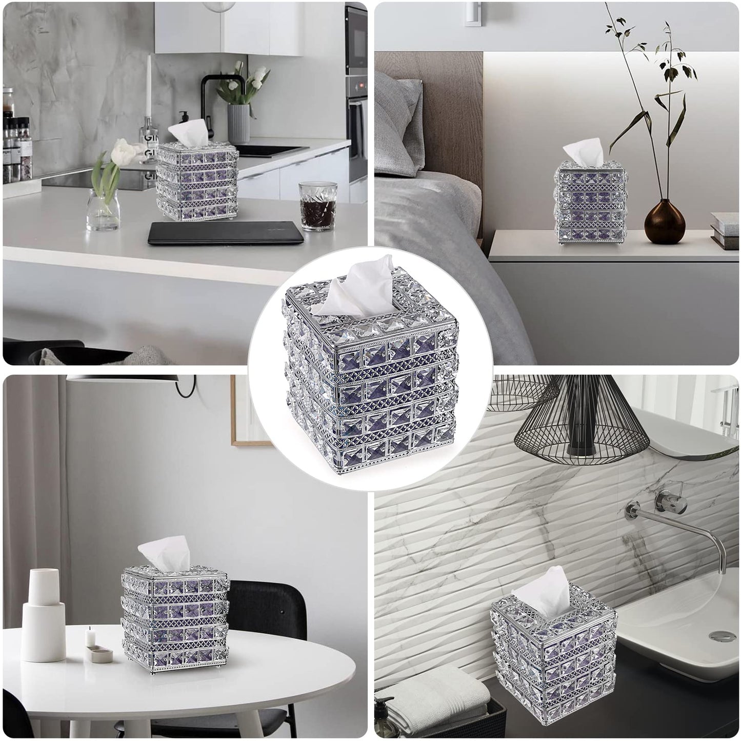 Sumnacon Crystal Square Tissue Box Cover - Sparkling Cube Glass Tissue Box Holder, Decorative Facial Tissue Holder for Bedroom Bathroom Dresser Night Stand Table Countertop Home Decor, Silver