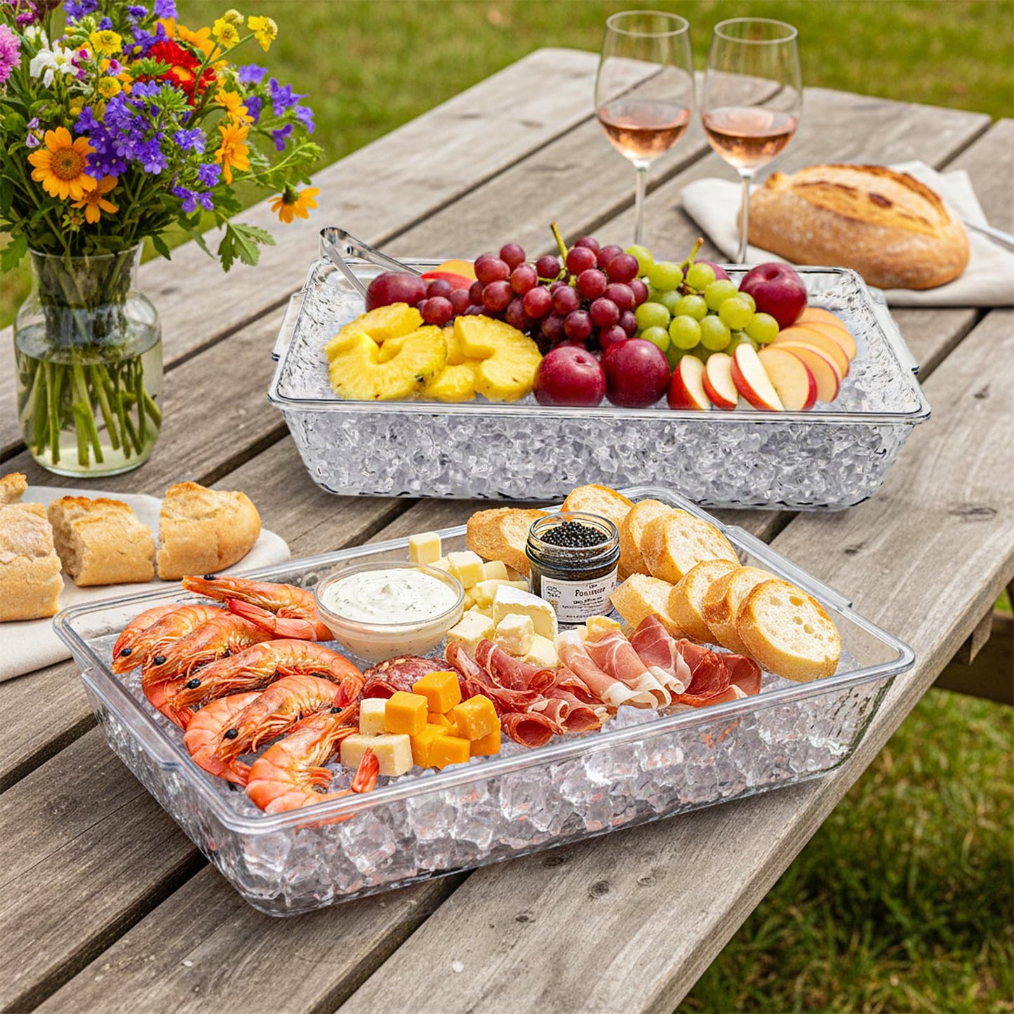ZENFUN 2 Pack Ice Chilled Serving Tray, Plastic Chilled Party Platter for Fruit, Veggie Trays Large Removable Serving Tray for Cold Dish, Ideal for Appetizers, Seafood, Desserts, Charcuterie Board