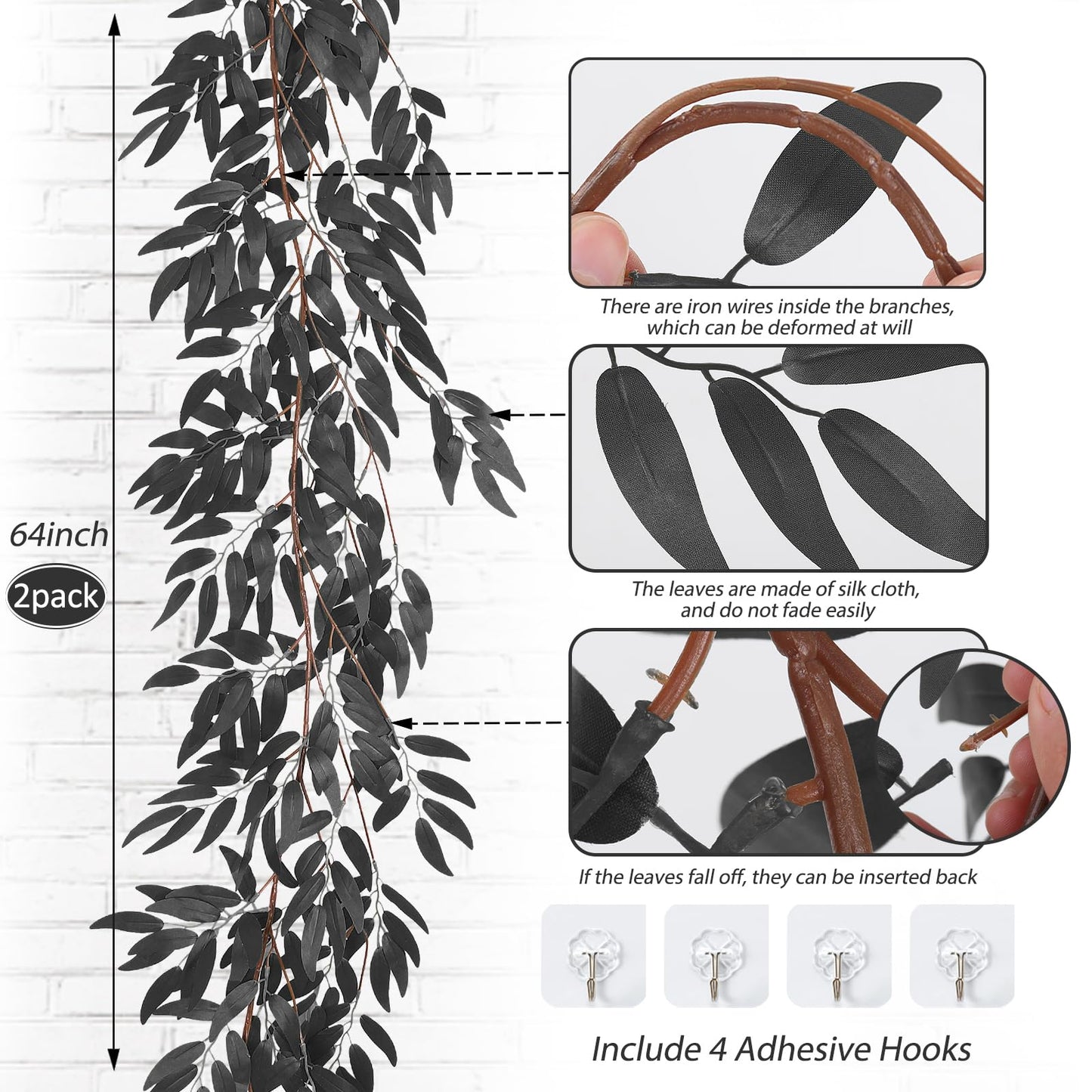 RECUTMS Artificial Hanging Willow Leaves Vine Twigs 2Pcs 5.7Ft Halloween Black Leave Garland Fake Silk Willow leaf Ivy Faux Greenery Plant for Indoor Outdoor Jungle Birthday Fall Christmas Party Decor
