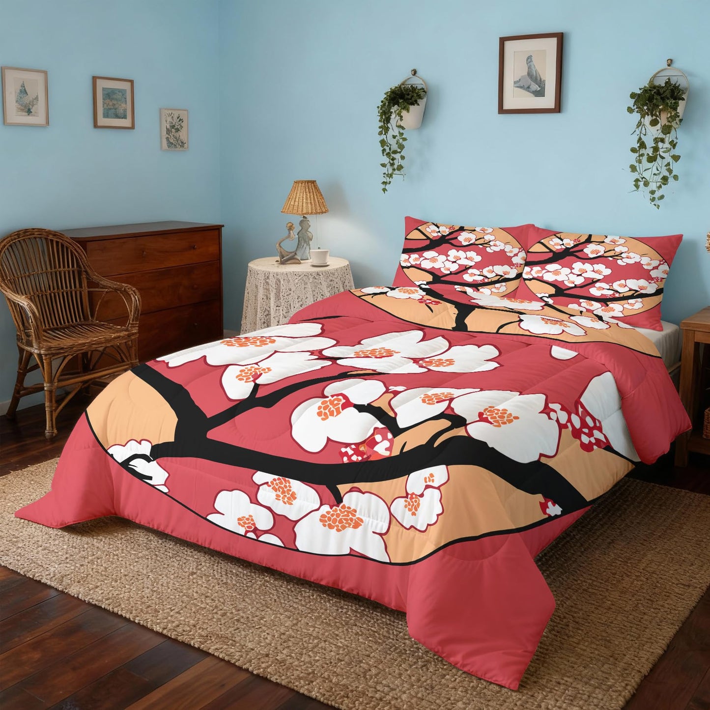 ZDABAOEC Japanese Cherry Blossom Twin Comforter Set 2 Piece, 1 Pillow Sham, Oriental Asian Japan Style Reversible Down Alternative All Season Bedding, Soft Microfiber, Japanese Bedroom Decor