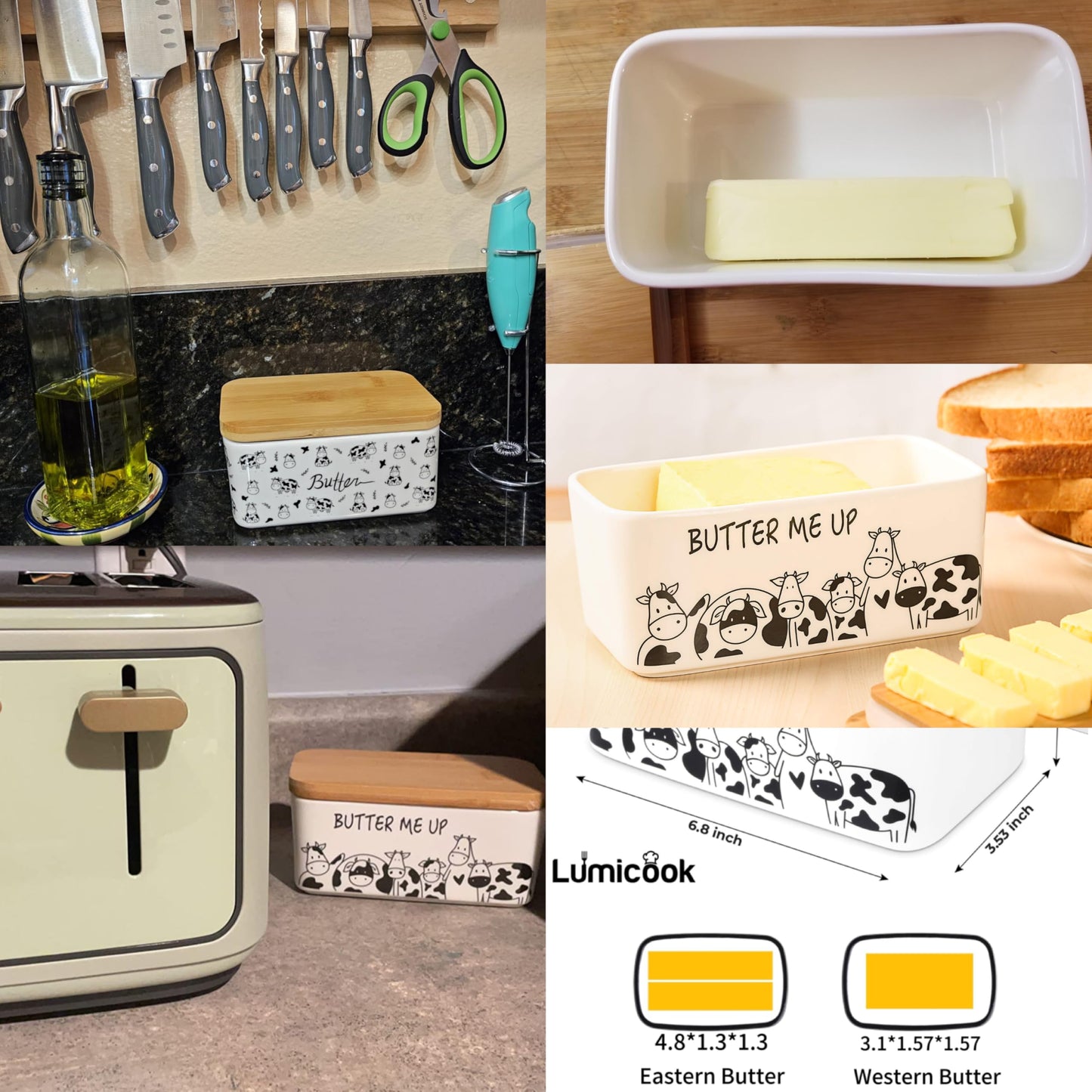 Lumicook Porcelain Butter Dish with Lid, Natural Bamboo Lid, Seal, Cow Butter Holder, Easily Fits 2 Sticks of Butter (Butter me up)