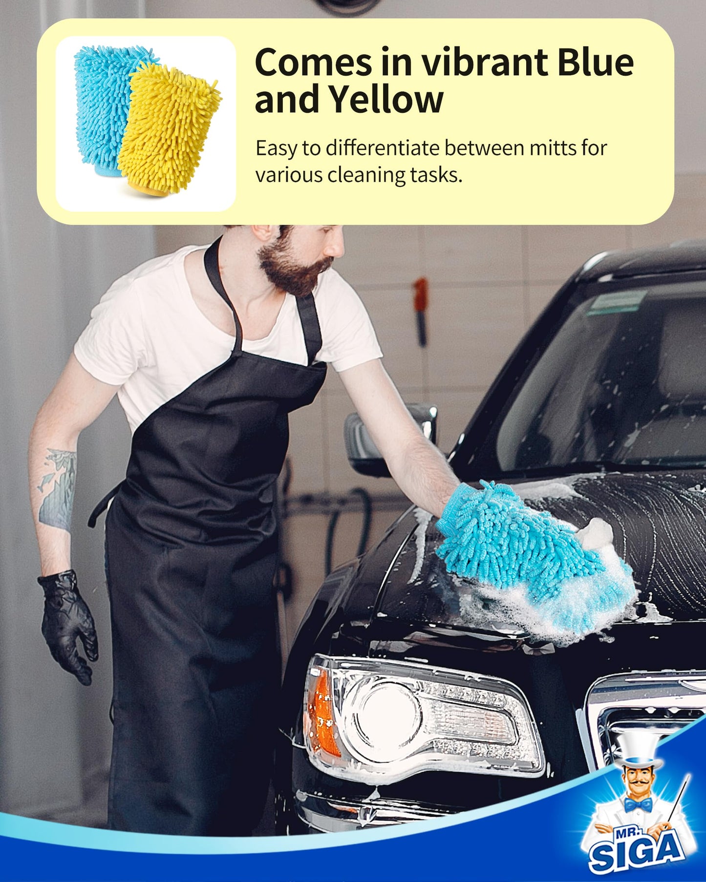 MR.SIGA Microfiber Car Wash Mitt, Pack of 2, Blue & Yellow