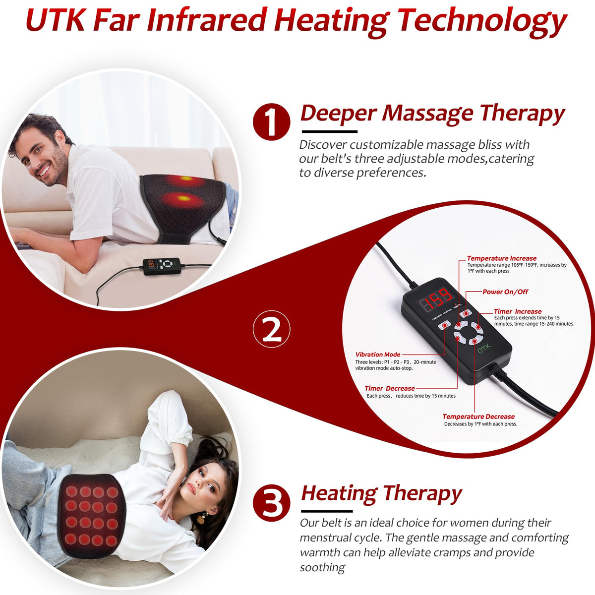 UTK Far Infrared Heating Pad for Back Pain Relief, Hot to 159℉, Gift for Women Men, FSA HSA Eligible Lower Back Massager with 3 Vibration, 16 Timers Auto-Off, 20 Natural Jade, 35-55" Adjustable Size