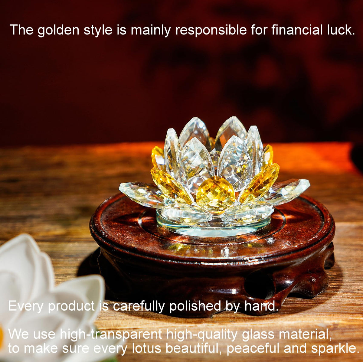 TENGFENG Crystal Lotus Flower Bicolor - Hue Reflection Glass Lotus Flower Feng Shui Home Decor Lucky Charm Crystal Figurine with Gift Box Collectible Figurines (Gold, 3.3 inches)