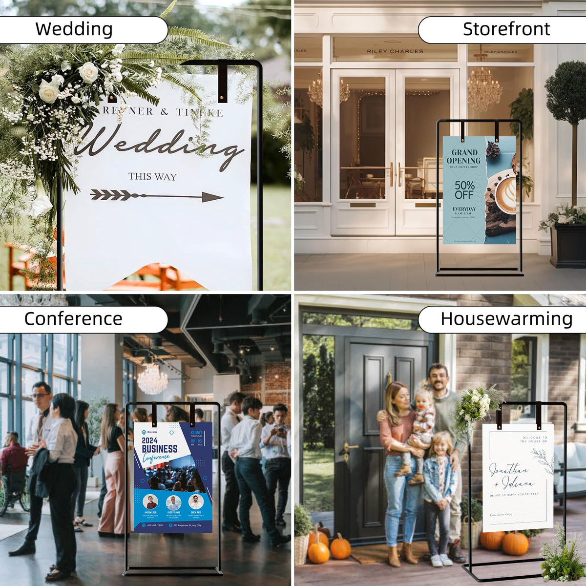 Wedding Sign Holder, Adjustable Welcome to Our Wedding Sign Stand W/Design Bundle & Leather Sign Hanging Straps, Heavy Duty Easel Stand for Sign, Wedding Seating Chart Stand, Easel for Display (Black)
