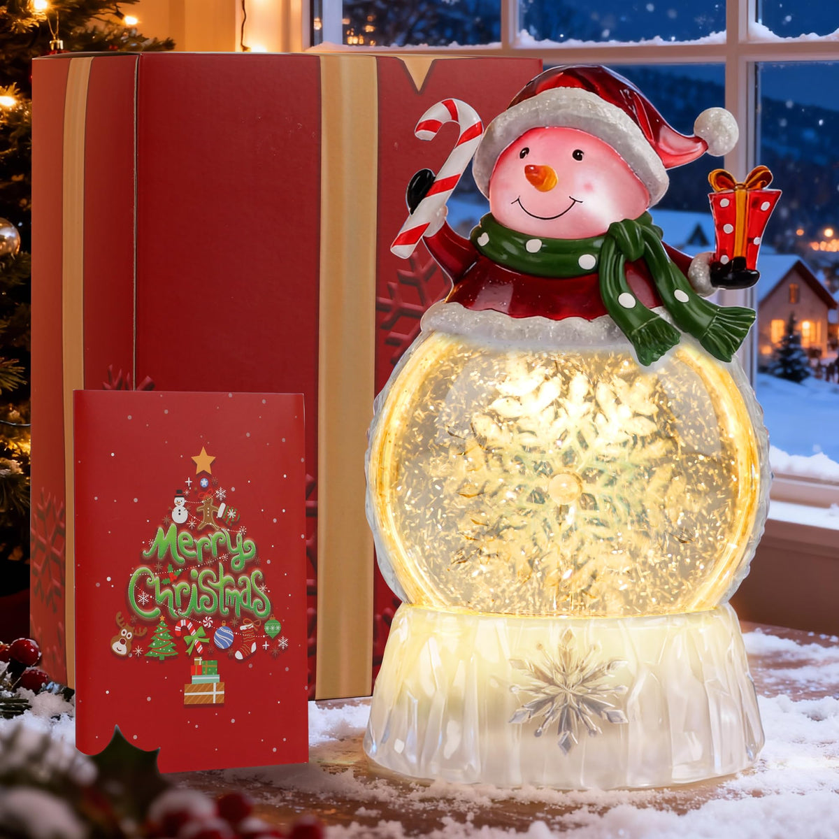 9" Lighted Christmas Snow Globe Lantern, Snowman Water Globe with Swirling Glitter, 8 Christmas Songs, USB/Battery Powered, 6H Timer, LED Holiday Tabletop Decor
