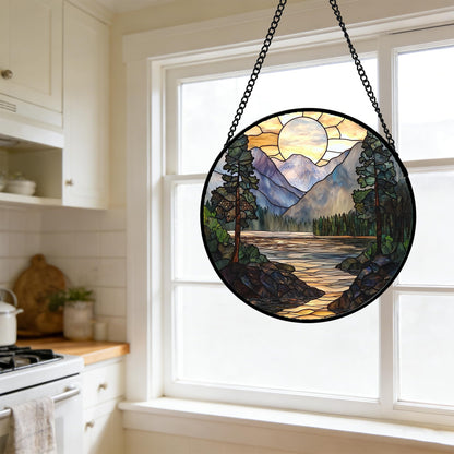 AMDERVEN Stained Glass Window Hanging, Sunset Mountains Lake Tree Sun Catcher for Window Home Decor Landscape Suncatcher Mother's Day Birthday Gifts for Women Men Mom and Nana 9.8 in