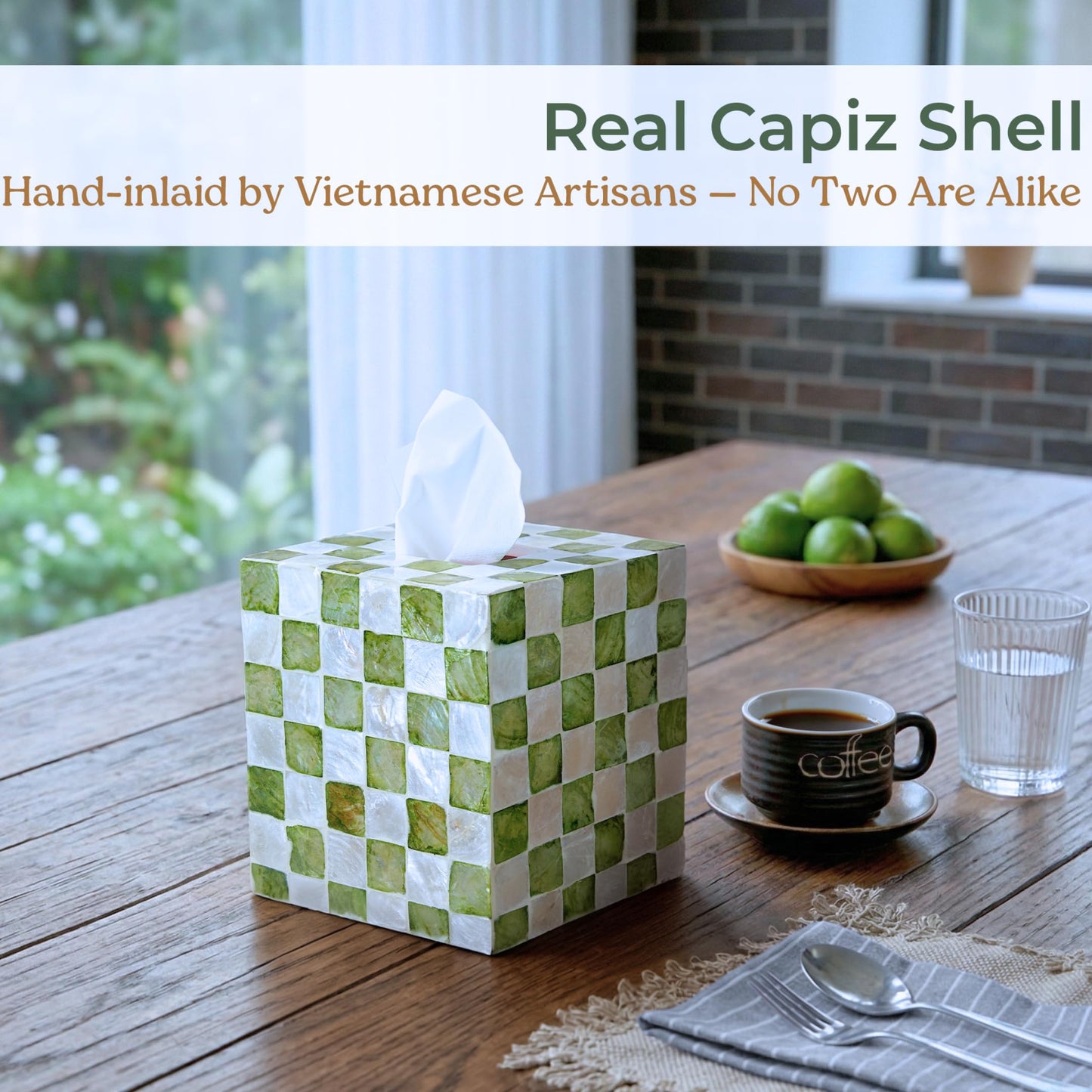 5.7" Square Tissue Box Cover for Kleenex and More, Handmade Green & White Checkered Capiz Shell Tissue Holder, Decorative Cube Tissue Box Cover for Bathroom, Living Room, Bedroom or Office (Natural)