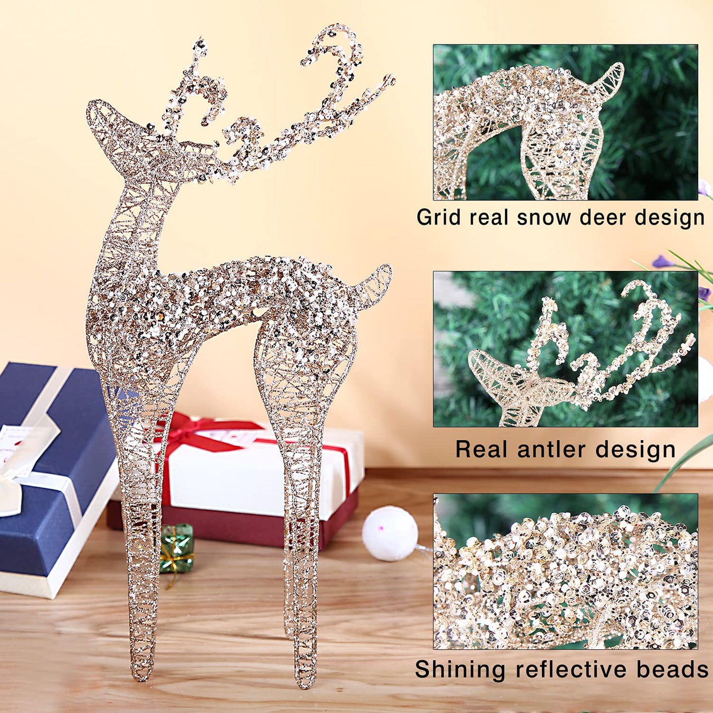 ZHANYIGY 2pc Set White Pearl Champagne Winding for Standing Reindeer Decorations Christmas Reindeer Figurine Table Desk Decorations Glittering Xmas Holiday Party Supply