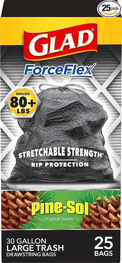 Glad Large 30 Gallon Trash Bags, Pine-Sol Heavy Duty Garbage Bags, Forceflex