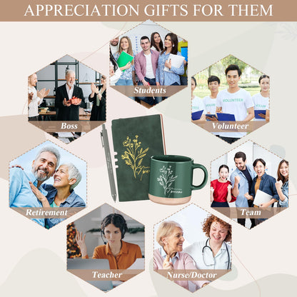 Didaey 4 Sets Employee Appreciation Gifts Set 13oz Boho Floral Ceramics Coffee Mugs with A6 Leather Notebooks Ballpoint Pens Bulk Christmas Thank You Gift for Coworkers Staff Team Nurse