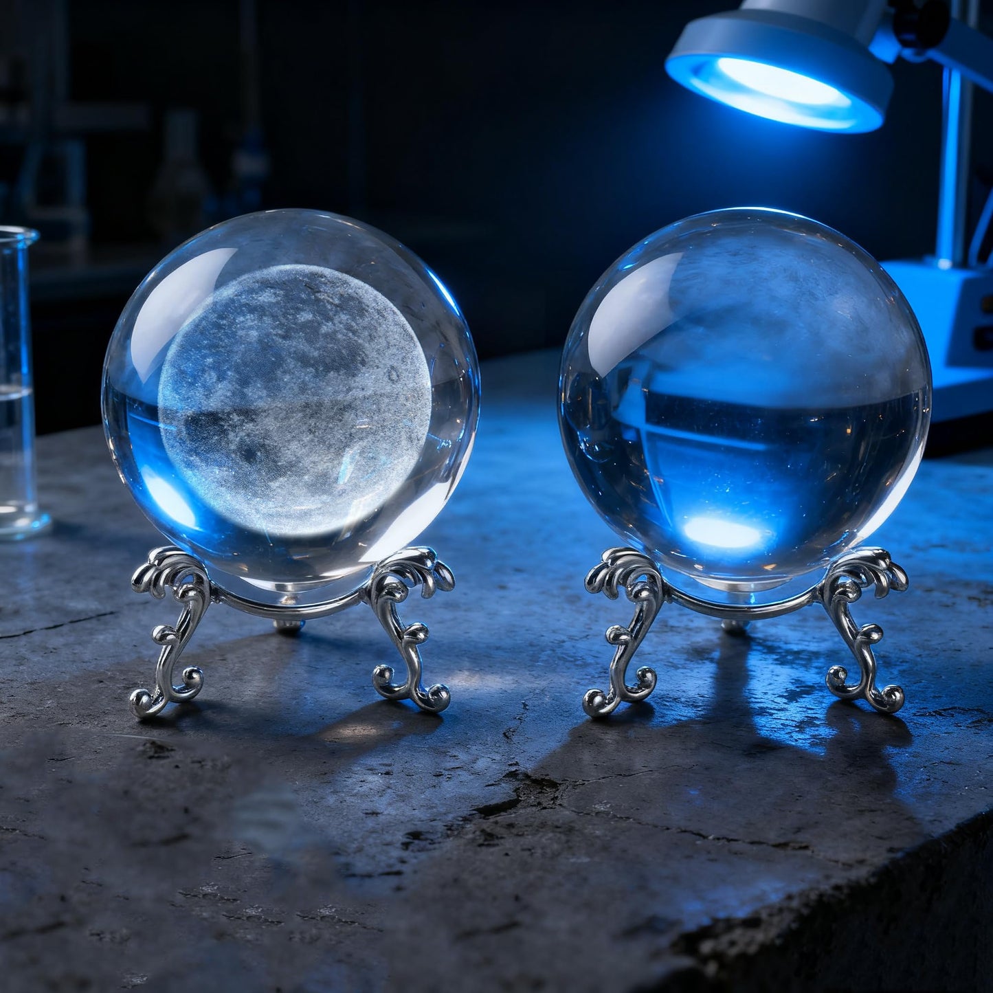 vskikris 2pcs Crystal Balls and 2 Silver Stands - 1 Clear and 1 3D Laser Moon Crystal Ball Paper Weights Collectible Figurines Gifts Photography Prop Home & Party Decor