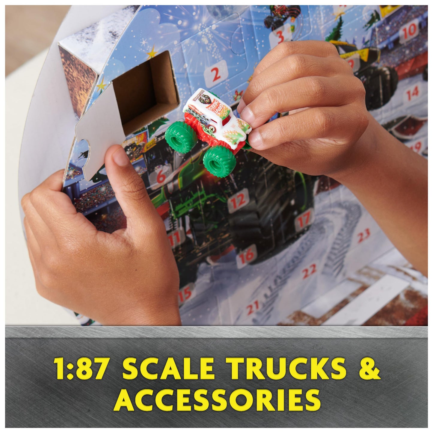 Monster Jam Mini Christmas Advent Calendar, 24 Days of Mini Monster Trucks and Accessories, 1:87 Scale, Kids’ Toys for Boys and Girls Ages 3 and up