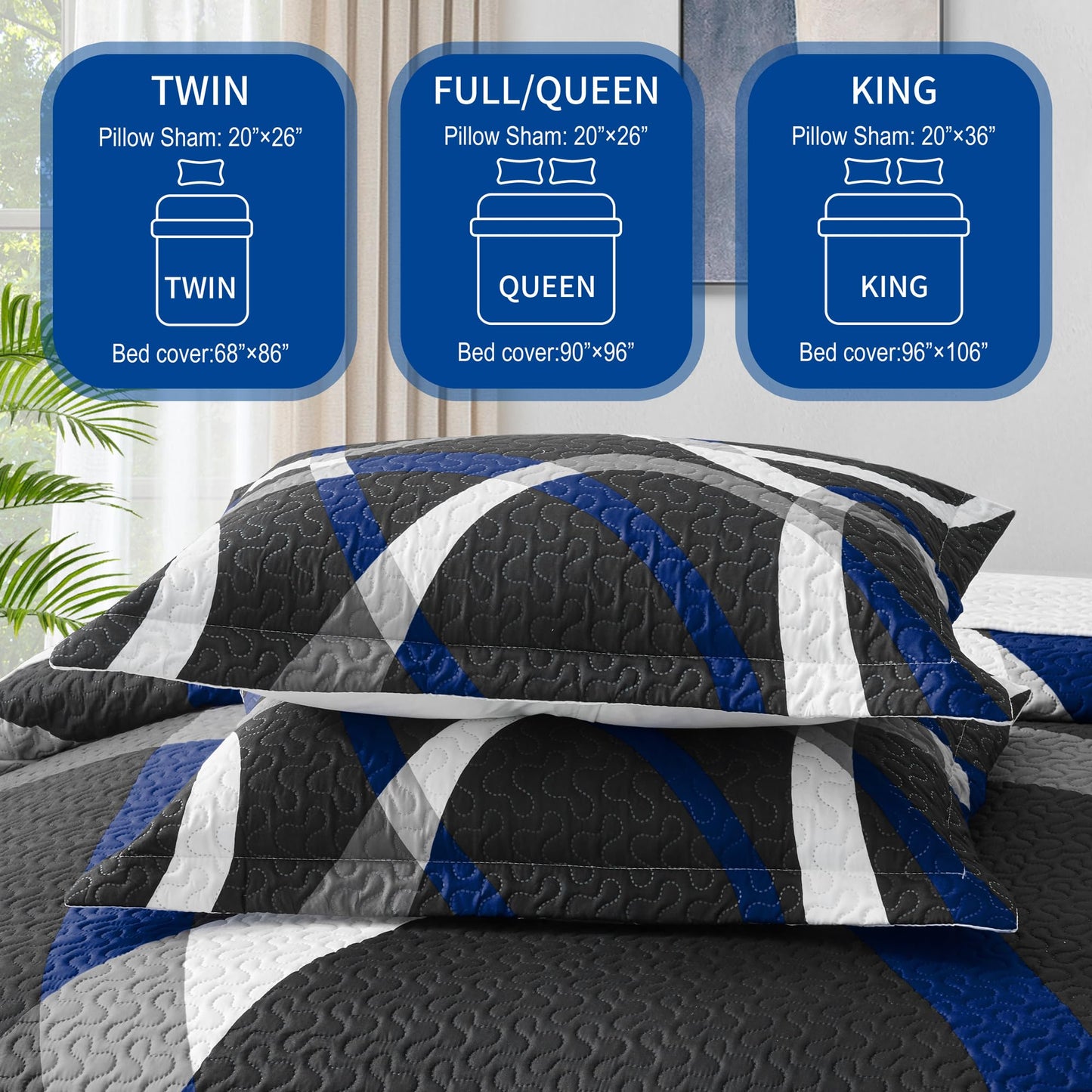 weesire Black and Blue Bedding Quilt Queen Size with 2 Shams, Modern Stripe Comforter Sets Classic Line Pattern Bedspreads Grey and Blue Coverlet, 90''x96''