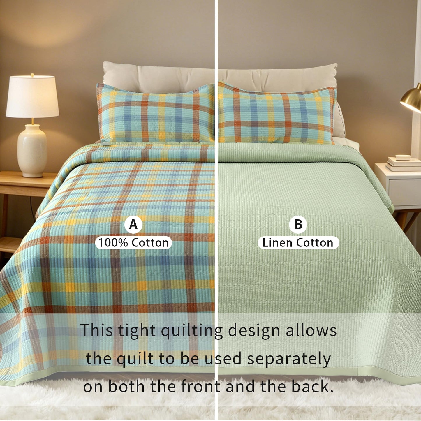 Yonvdns 3 Pieces 100% Cotton Quilt Set Twin Size,Hypoallergenic for Sensitive Skin,Lightweight All Season Coverlet Set, No Clumping After Wash,Anti-Static(Green Checkered, 90"x78")