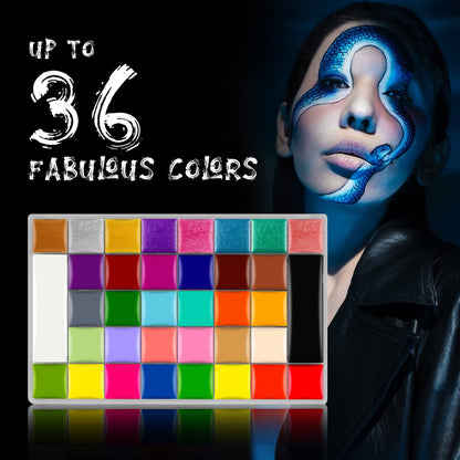CCbeauty 36 Colors Face Paint,Professional Face Painting Kit,Neon Body Paint Palette Kit,Non-Toxic Special Effect SFX Makeup Kit,Halloween Costume Cosplay For Adult,Translucent Loose Powder,10 Brushes