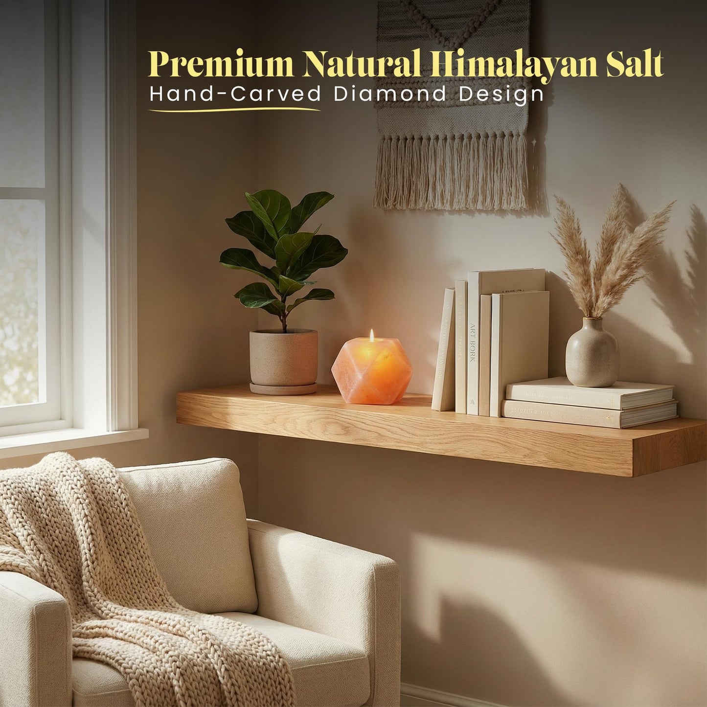 Himalayan Natural Salt Candle Holder – Premium Diamond Design, Hand-Carved Crystal, Includes 6 Tea Light Candles, Nice Glow for Home Décor, Meditation, Spa & Gifts
