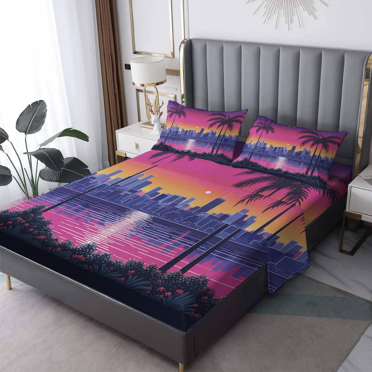 zcsm Tropical Palm Tree Sheets King Sheet Sets - Neon Hawaiian City Bed Sheets, Soft Microfiber & Deep Pocket & Wrinkle Free Bedding Sheets & Pillowcases, 1 Fitted Sheet, 1 Flat Sheet, 2 Pillow Cases