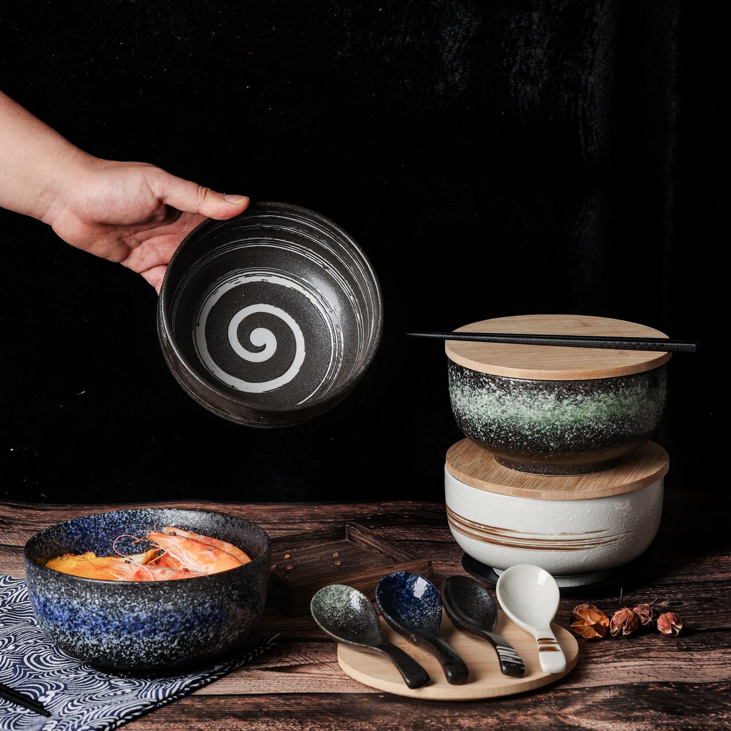 Cteaffee Ceramic Ramen Bowl Set, 38 OZ, Japanese Style, Durable, Microwave & Dishwasher Safe, Includes Spoon & Chopsticks (6), Blue