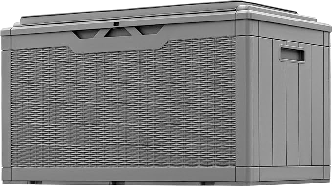 Greesum 100 Gallon Resin Deck Box Large Outdoor Storage with Cushions for Patio Furniture, Garden Tools, Pool Supplies, Weatherproof and UV Resistant, Lockable,Gray