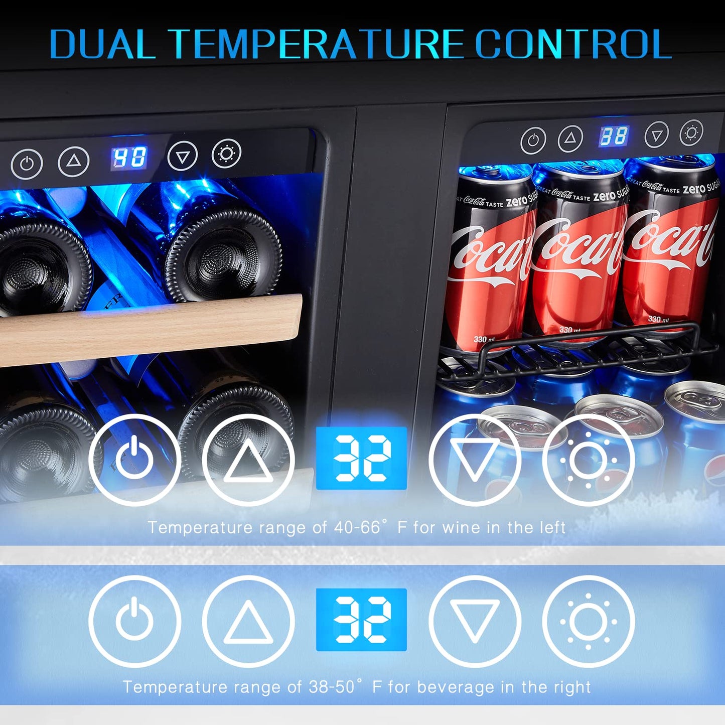 24 Inch Wine and Beverage Fridge, Wine Refrigerator Dual Zone Hold 20 Bottles and 78 Cans,Built-In or Freestanding Digital Touch Control